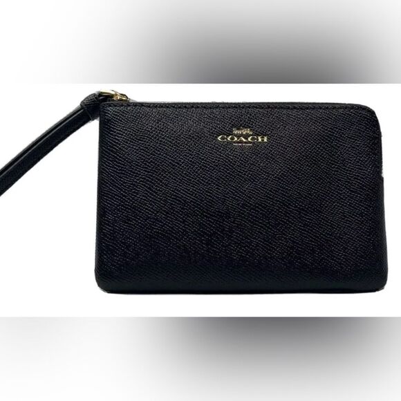 New COACH Wristlet Wallet Black Leather Gold Corner Zip F58032 - Picture 3 of 3